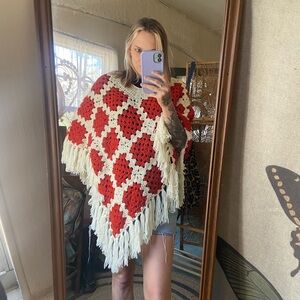 Red and White Crochet Poncho